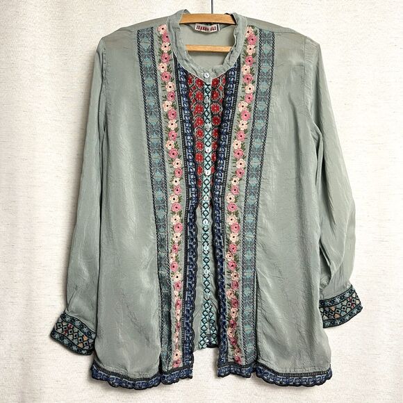 Johnny Was Embroidered Button Up Blouse Top Long Sleeve Semi-Sheer Cupra Rayon M - Picture 1 of 7